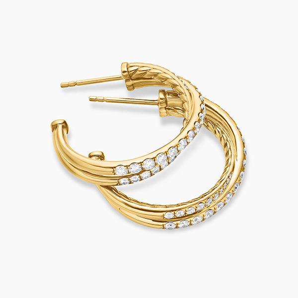 Crossover Design Yellow Gold Round Cut White Sapphire Hoop Earrings For Women