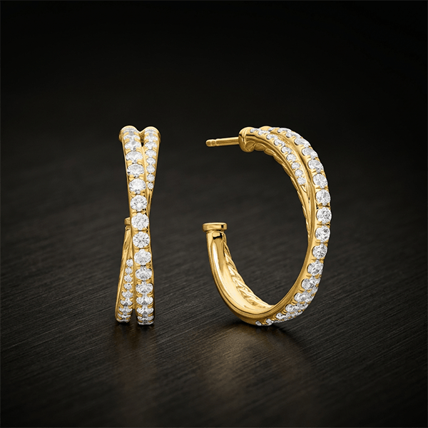 Crossover Design Yellow Gold Round Cut White Sapphire Hoop Earrings For Women