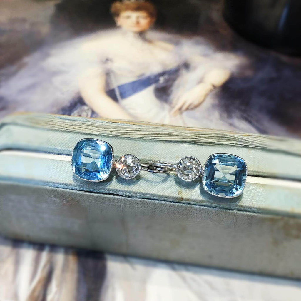 Vintage Classic Bezel Cushion & Round Cut Aquamarine & White Sapphire Drop Earrings For Women