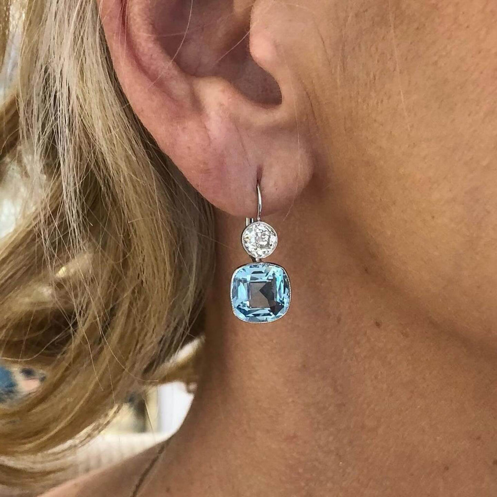 Vintage Classic Bezel Cushion & Round Cut Aquamarine & White Sapphire Drop Earrings For Women