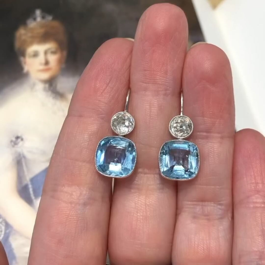 Vintage Classic Bezel Cushion & Round Cut Aquamarine & White Sapphire Drop Earrings For Women