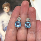 Vintage Classic Bezel Cushion & Round Cut Aquamarine & White Sapphire Drop Earrings For Women