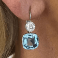 Vintage Classic Bezel Cushion & Round Cut Aquamarine & White Sapphire Drop Earrings For Women