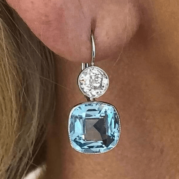 Vintage Classic Bezel Cushion & Round Cut Aquamarine & White Sapphire Drop Earrings For Women