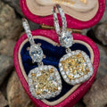 Luxury Jewelry Two Tone Halo Cushion & Oval Cut Canary & White Sapphire Drop Earrings For Women