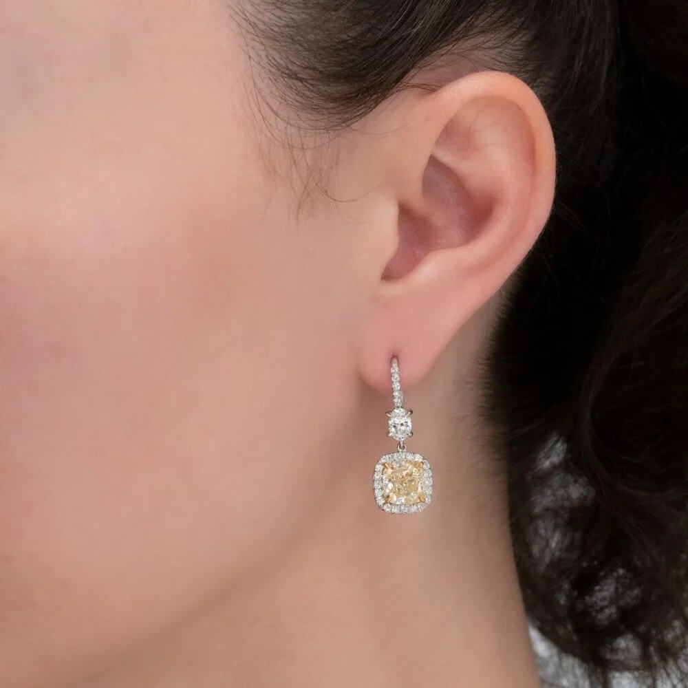 Luxury Jewelry Two Tone Halo Cushion & Oval Cut Canary & White Sapphire Drop Earrings For Women
