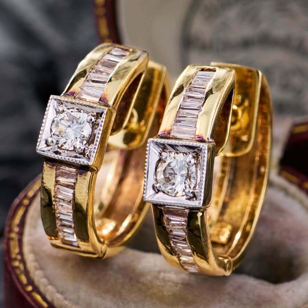 Vintage Two Tone Round & Baguette Cut White Sapphire Hoop Earrings For Women