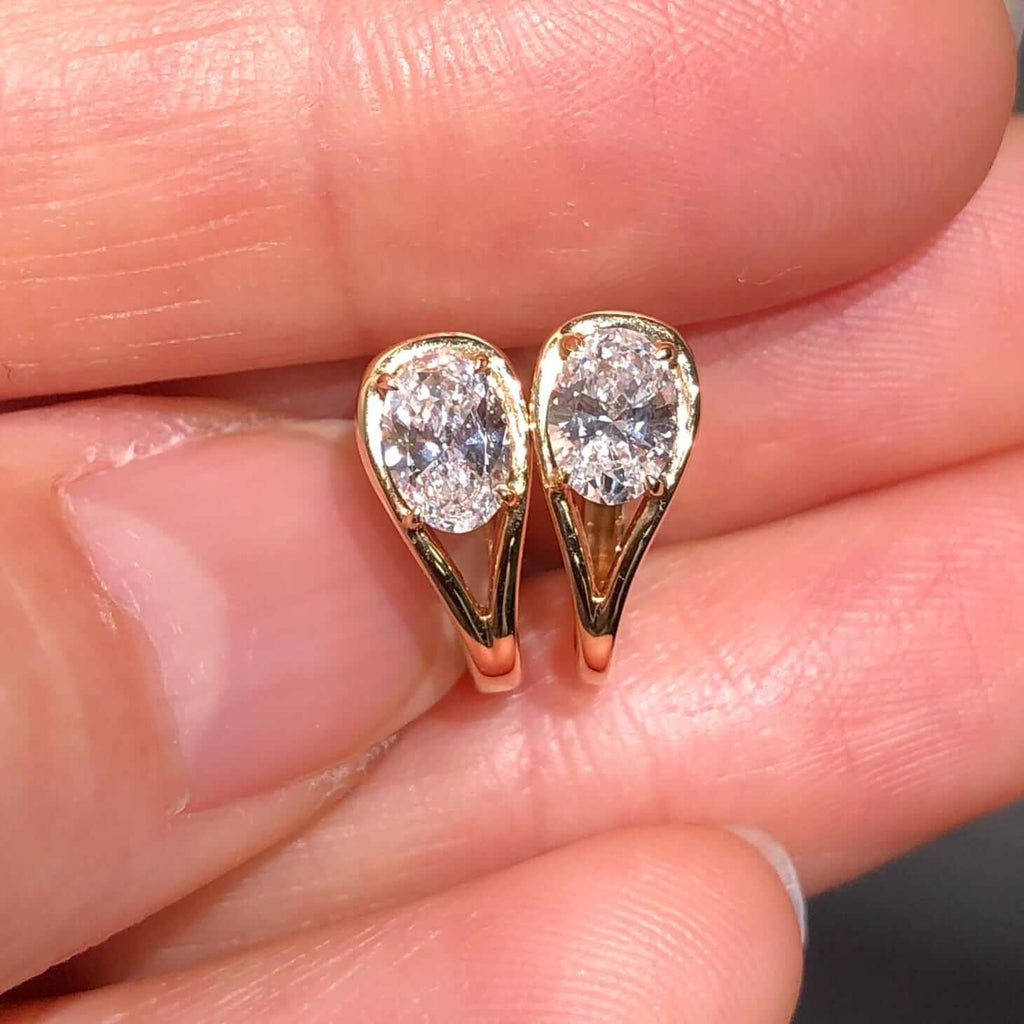 Fashion Yellow Gold Solitaire Oval Cut White Sapphire Hoop Earrings For Women