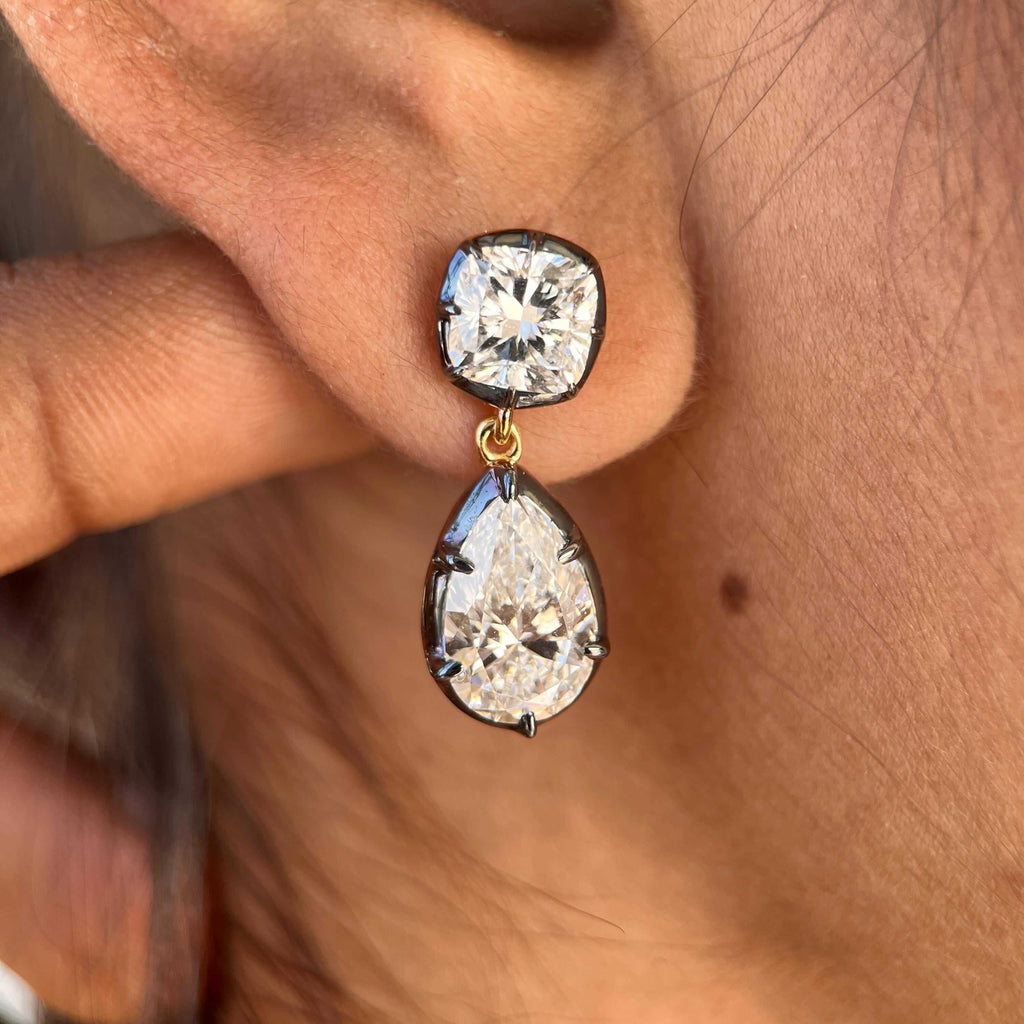 Luxury Jewelry Two Tone Pear & Cushion Cut White Sapphire Drop Earrings For Women