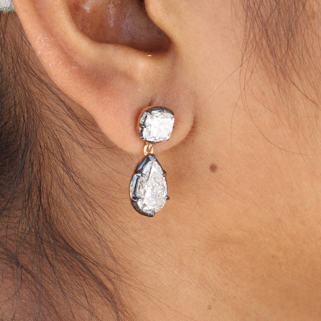 Luxury Jewelry Two Tone Pear & Cushion Cut White Sapphire Drop Earrings For Women
