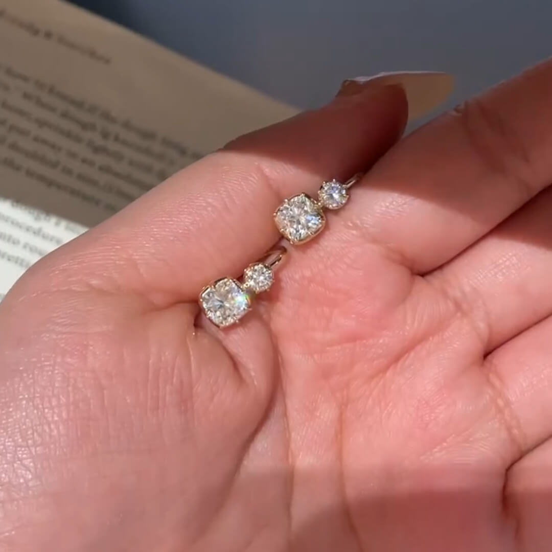 Classic Yellow Gold Cushion & Round Cut White Sapphire Drop Earrings For Women