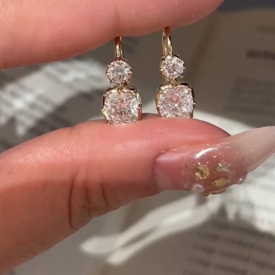 Classic Yellow Gold Cushion & Round Cut White Sapphire Drop Earrings For Women