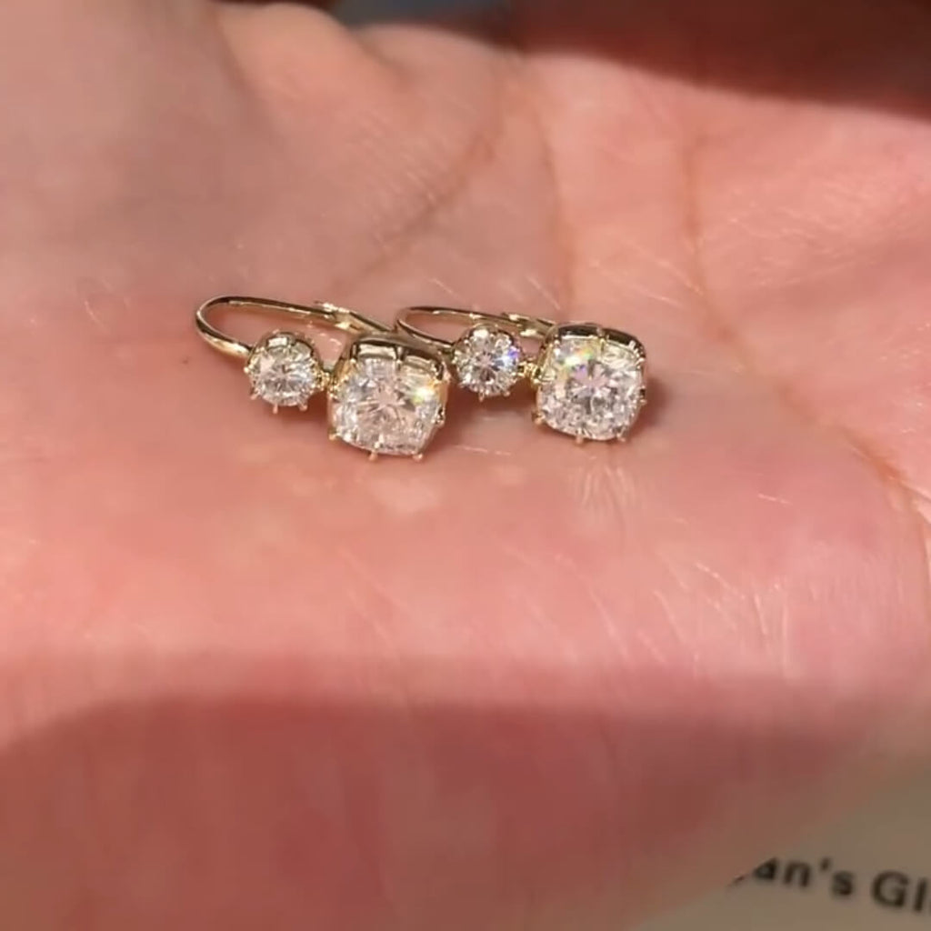 Classic Yellow Gold Cushion & Round Cut White Sapphire Drop Earrings For Women