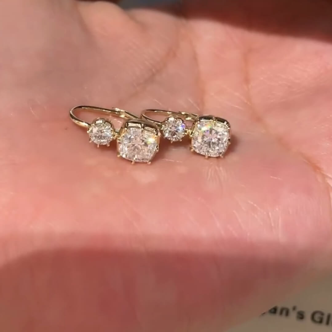 Classic Yellow Gold Cushion & Round Cut White Sapphire Drop Earrings For Women