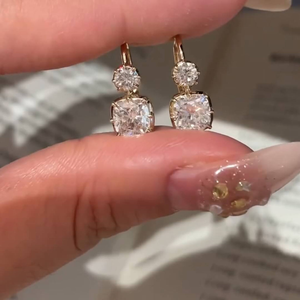Classic Yellow Gold Cushion & Round Cut White Sapphire Drop Earrings For Women