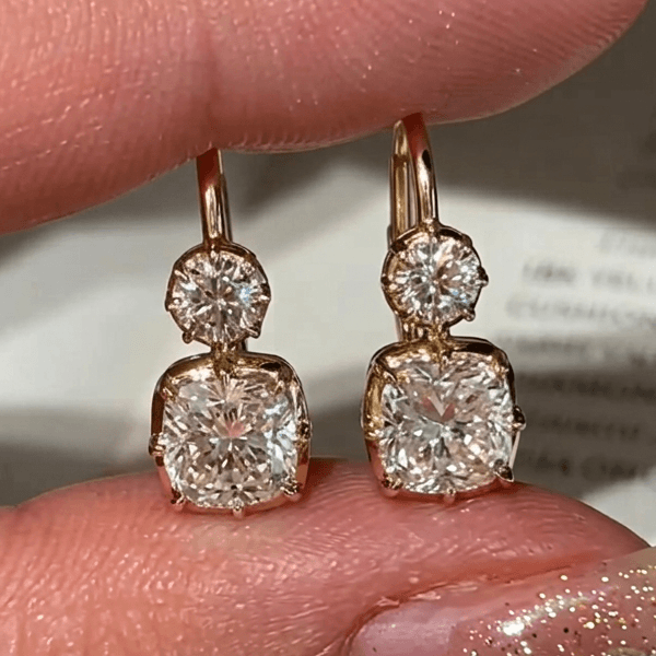 Classic Yellow Gold Cushion & Round Cut White Sapphire Drop Earrings For Women