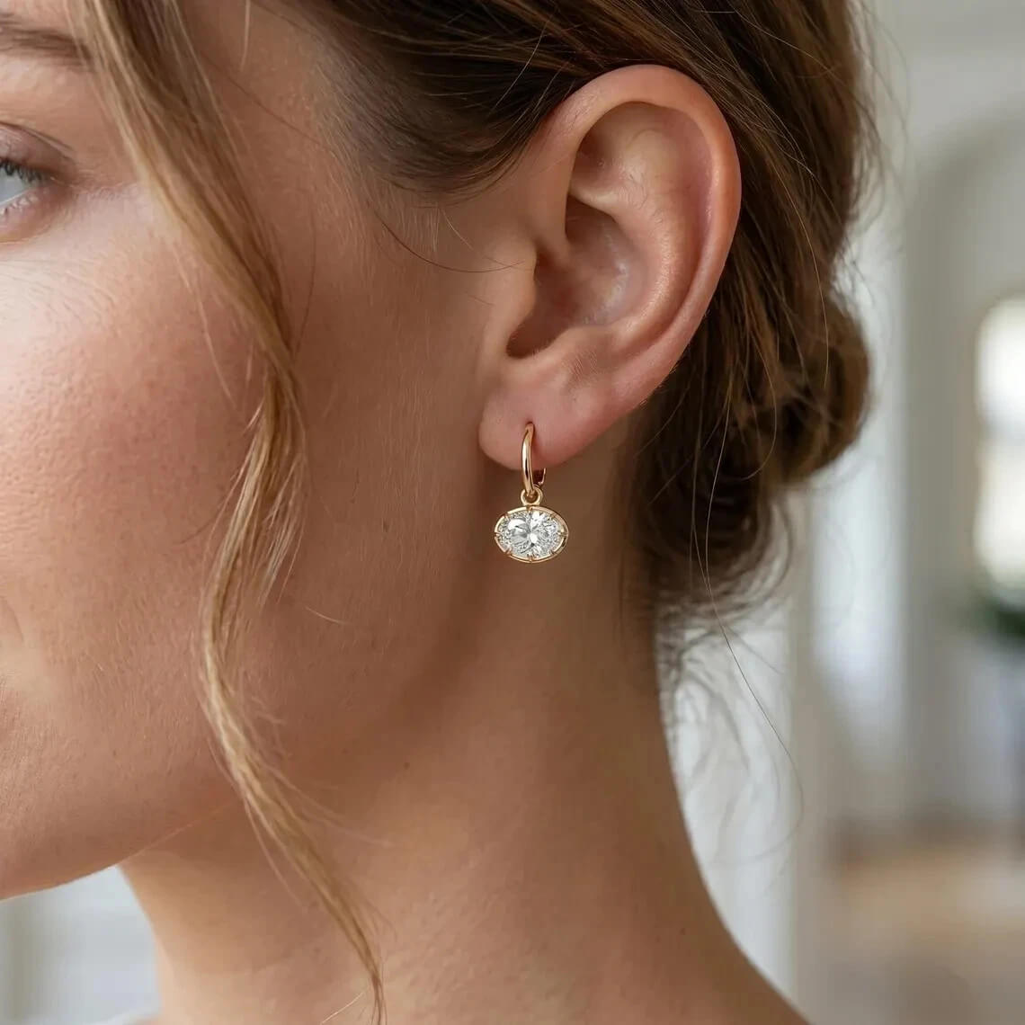 Luxury Jewelry Solitaire Yellow Gold Oval Cut White Sapphire Drop Earrings For Women