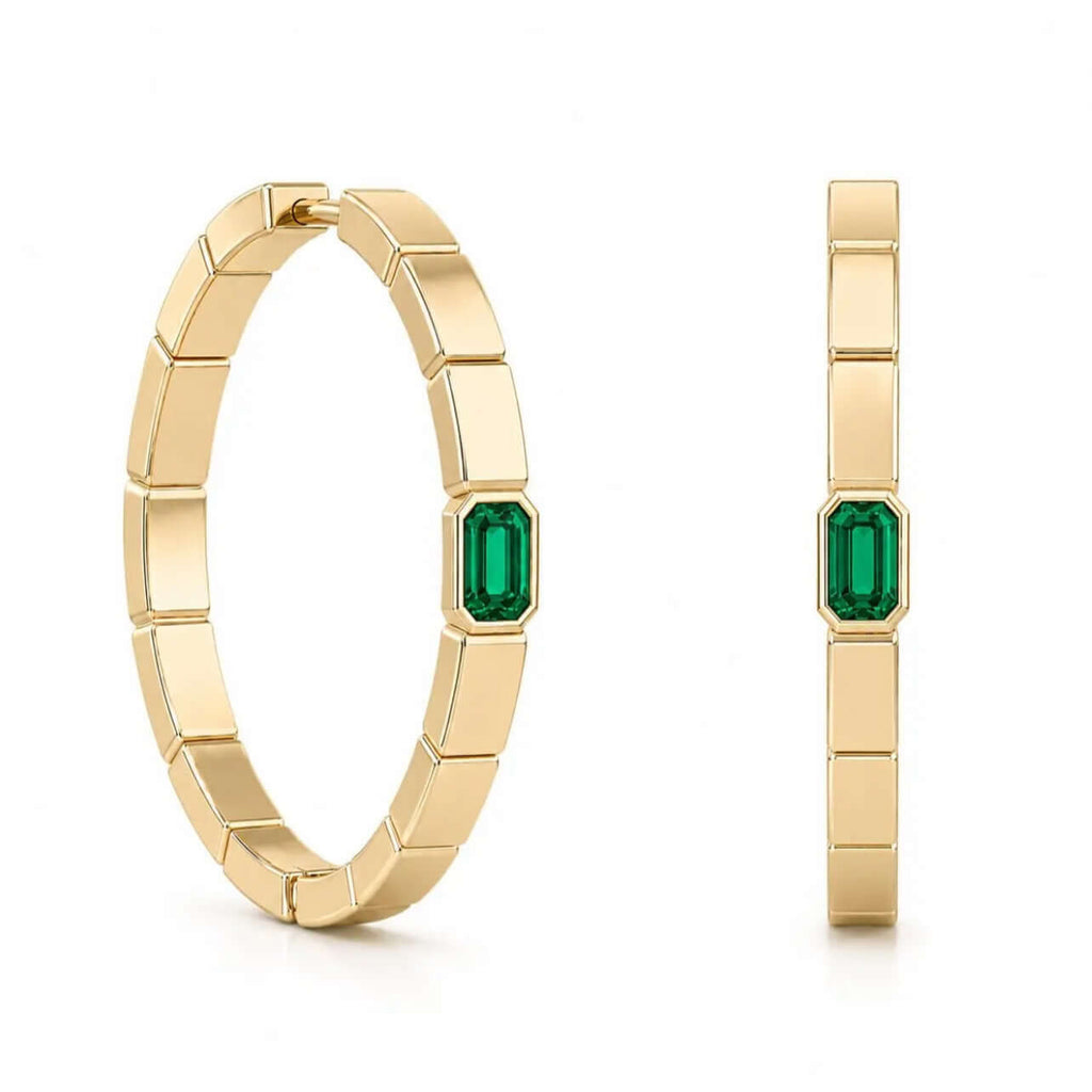 Fashion Yellow Gold Bezel Emerald Cut Emerald Sapphire Hoop Earrings For Women