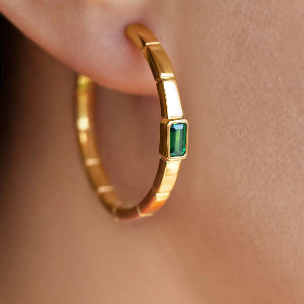 Fashion Yellow Gold Bezel Emerald Cut Emerald Sapphire Hoop Earrings For Women