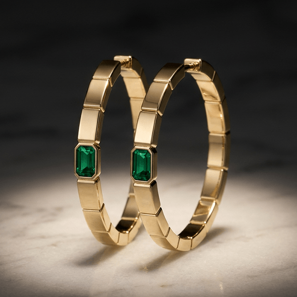 Fashion Yellow Gold Bezel Emerald Cut Emerald Sapphire Hoop Earrings For Women
