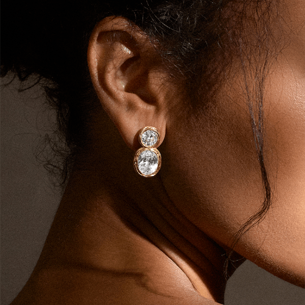 Luxury Jewelry Silhouette Design Bezel Yellow Gold Oval & Round Cut White Sapphire Drop Earrings For Women