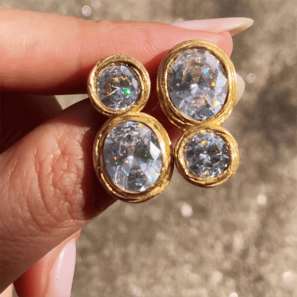 Luxury Jewelry Silhouette Design Bezel Yellow Gold Oval & Round Cut White Sapphire Drop Earrings For Women