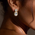 Luxury Jewelry Silhouette Design Bezel Yellow Gold Oval & Round Cut White Sapphire Drop Earrings For Women
