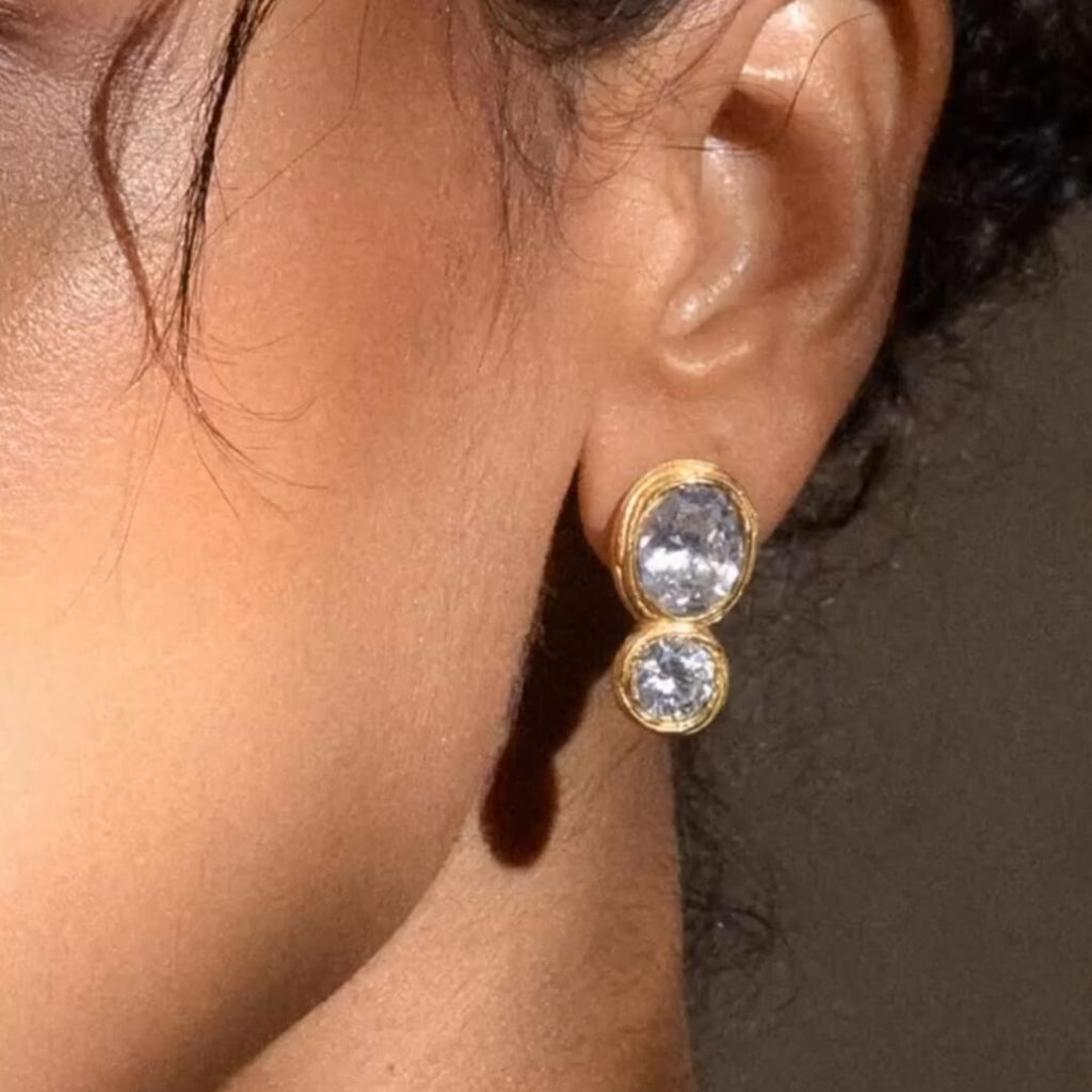 Luxury Jewelry Silhouette Design Bezel Yellow Gold Oval & Round Cut White Sapphire Drop Earrings For Women