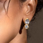 Luxury Jewelry Silhouette Design Bezel Yellow Gold Oval & Round Cut White Sapphire Drop Earrings For Women