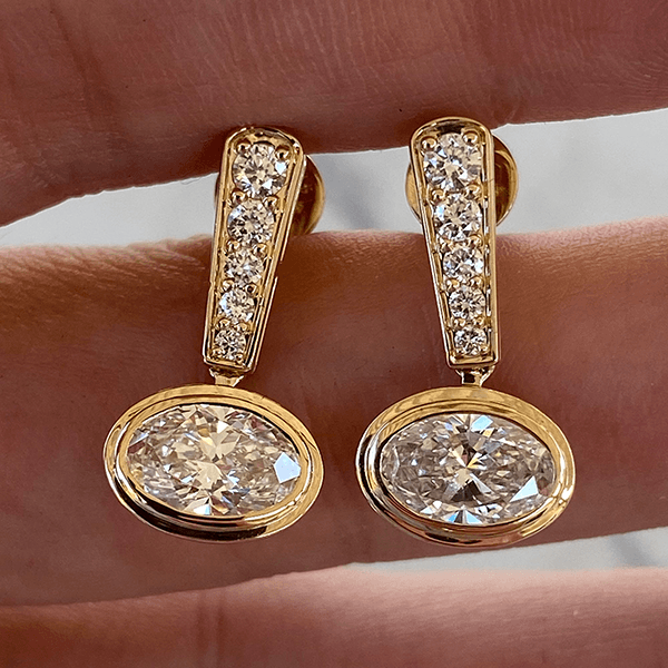 Luxury Jewelry Yellow Gold Bezel Oval Cut White Sapphire Drop Earrings For Women