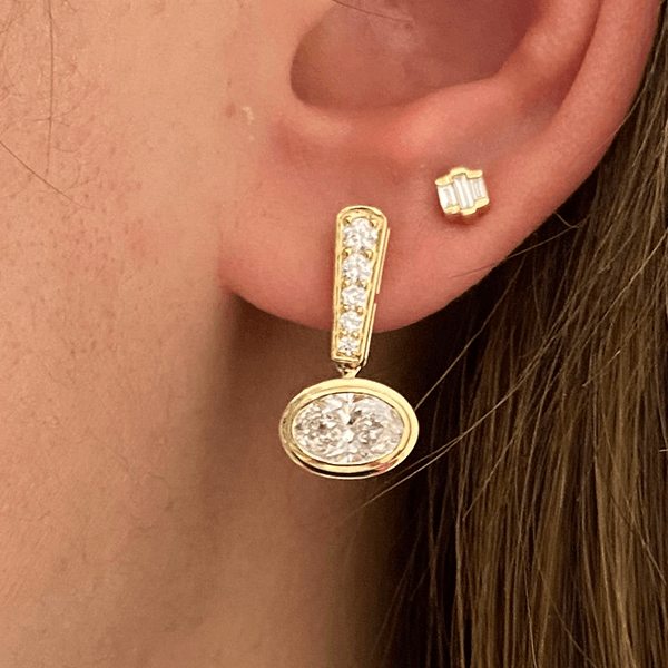 Luxury Jewelry Yellow Gold Bezel Oval Cut White Sapphire Drop Earrings For Women