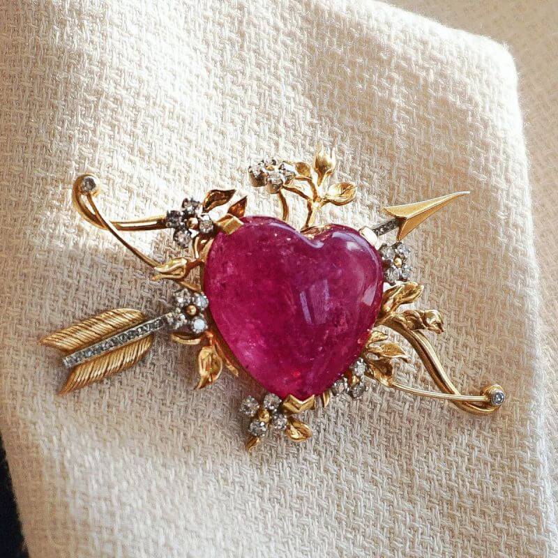 Art Deco Two Tone Heart Cut Cabochon Ruby Sapphire Bow and Arrow Heart Brooch