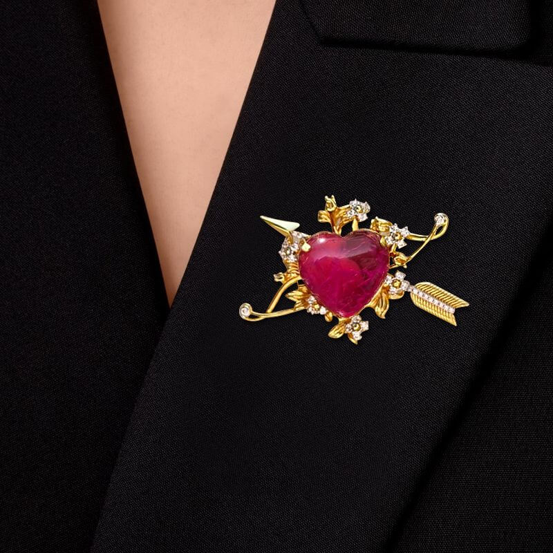 Art Deco Two Tone Heart Cut Cabochon Ruby Sapphire Bow and Arrow Heart Brooch