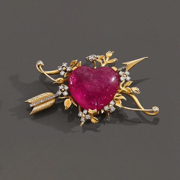 Art Deco Two Tone Heart Cut Cabochon Ruby Sapphire Bow and Arrow Heart Brooch