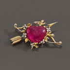 Art Deco Two Tone Heart Cut Cabochon Ruby Sapphire Bow and Arrow Heart Brooch