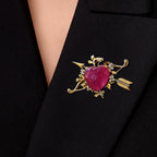 Art Deco Two Tone Heart Cut Cabochon Ruby Sapphire Bow and Arrow Heart Brooch