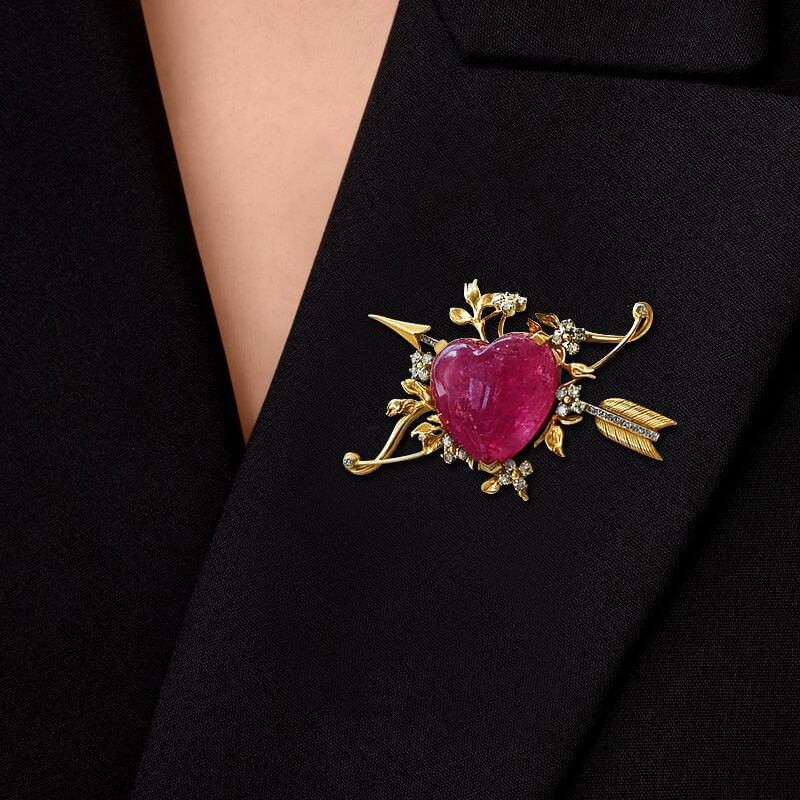 Art Deco Two Tone Heart Cut Cabochon Ruby Sapphire Bow and Arrow Heart Brooch