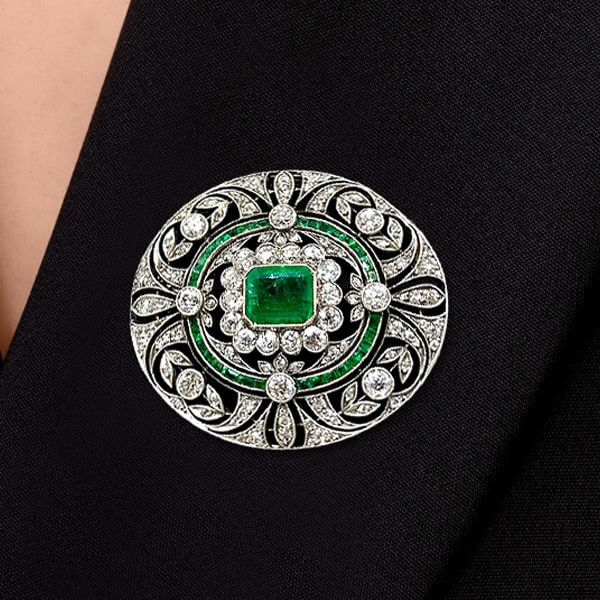 Art Deco Emerald Cut Emerald & White Sapphire Brooch