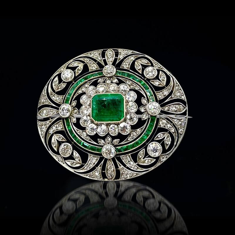 Art Deco Emerald Cut Emerald & White Sapphire Brooch