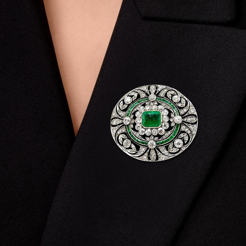 Art Deco Emerald Cut Emerald & White Sapphire Brooch