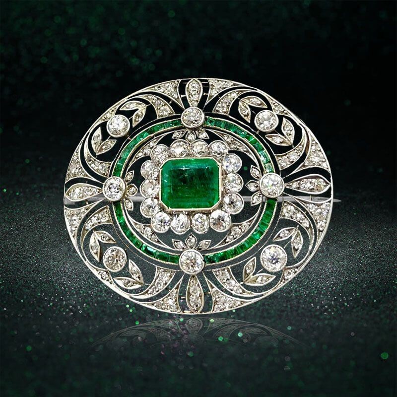 Art Deco Emerald Cut Emerald & White Sapphire Brooch