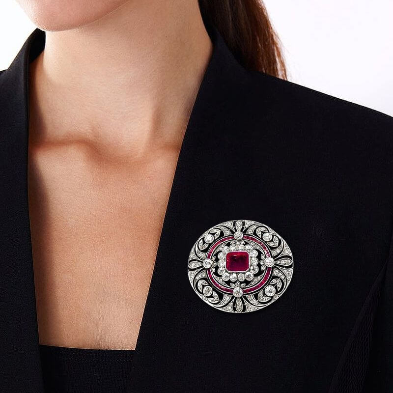 Art Deco Emerald Cut Ruby & White Sapphire Brooch