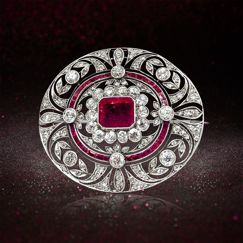 Art Deco Emerald Cut Ruby & White Sapphire Brooch