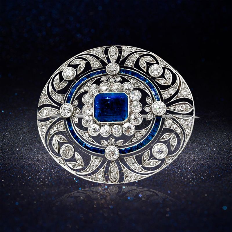 Art Deco Emerald Cut Blue & White Sapphire Brooch