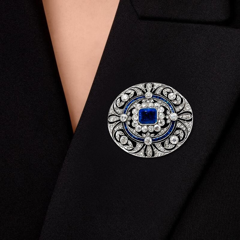 Art Deco Emerald Cut Blue & White Sapphire Brooch
