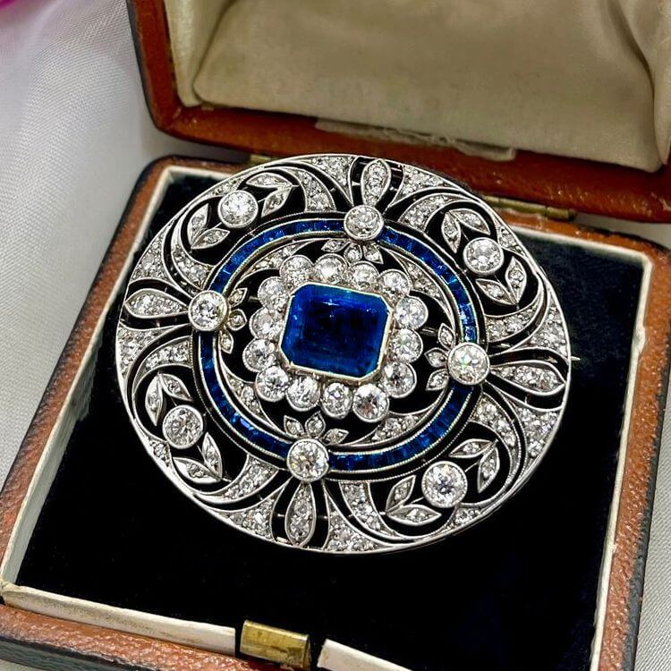 Art Deco Emerald Cut Blue & White Sapphire Brooch