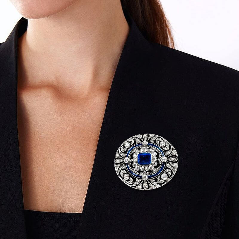 Art Deco Emerald Cut Blue & White Sapphire Brooch