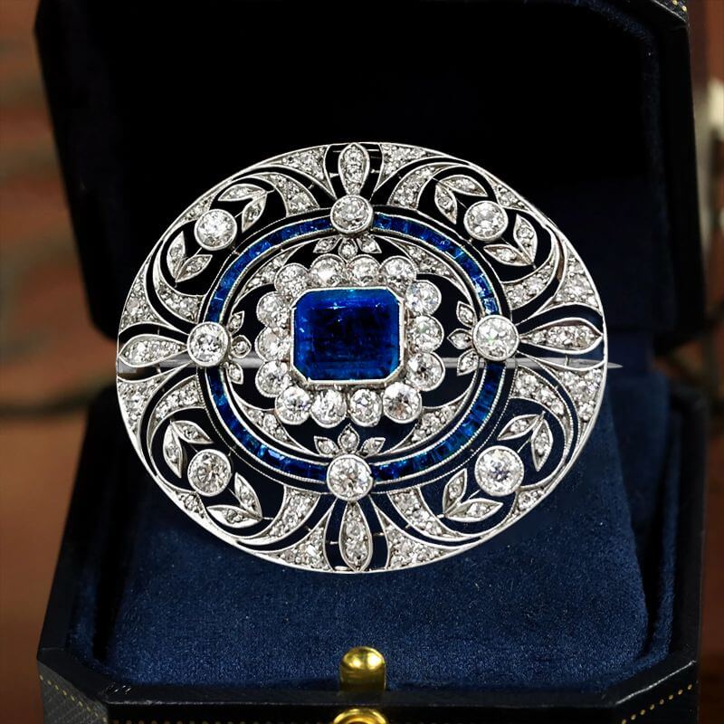 Art Deco Emerald Cut Blue & White Sapphire Brooch
