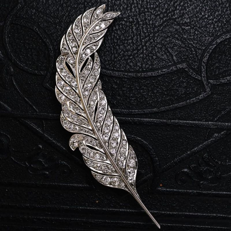 Vintage Feather Design Round Cut White Sapphire Brooch
