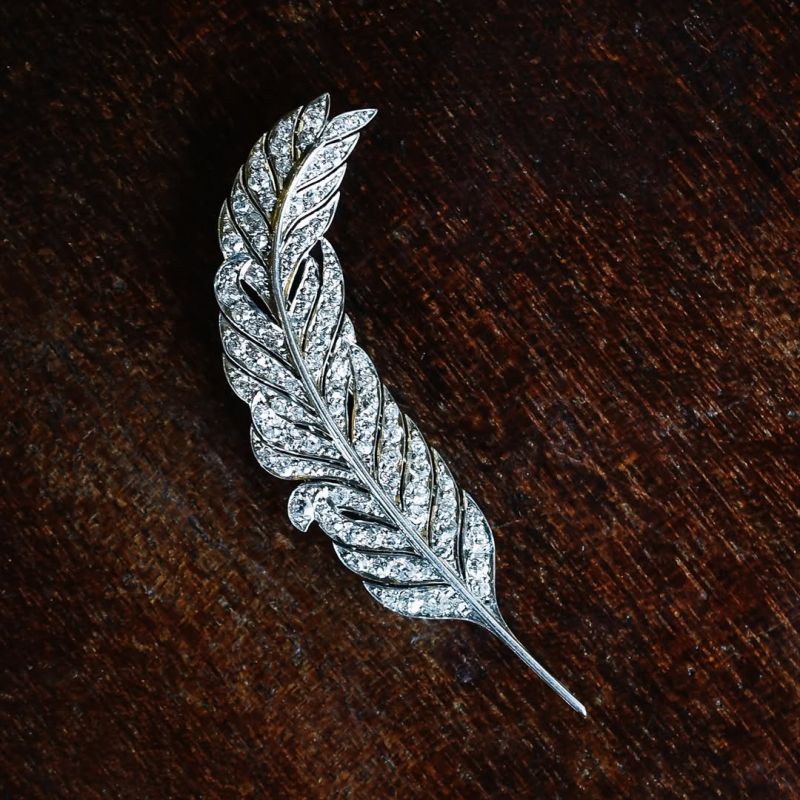Vintage Feather Design Round Cut White Sapphire Brooch